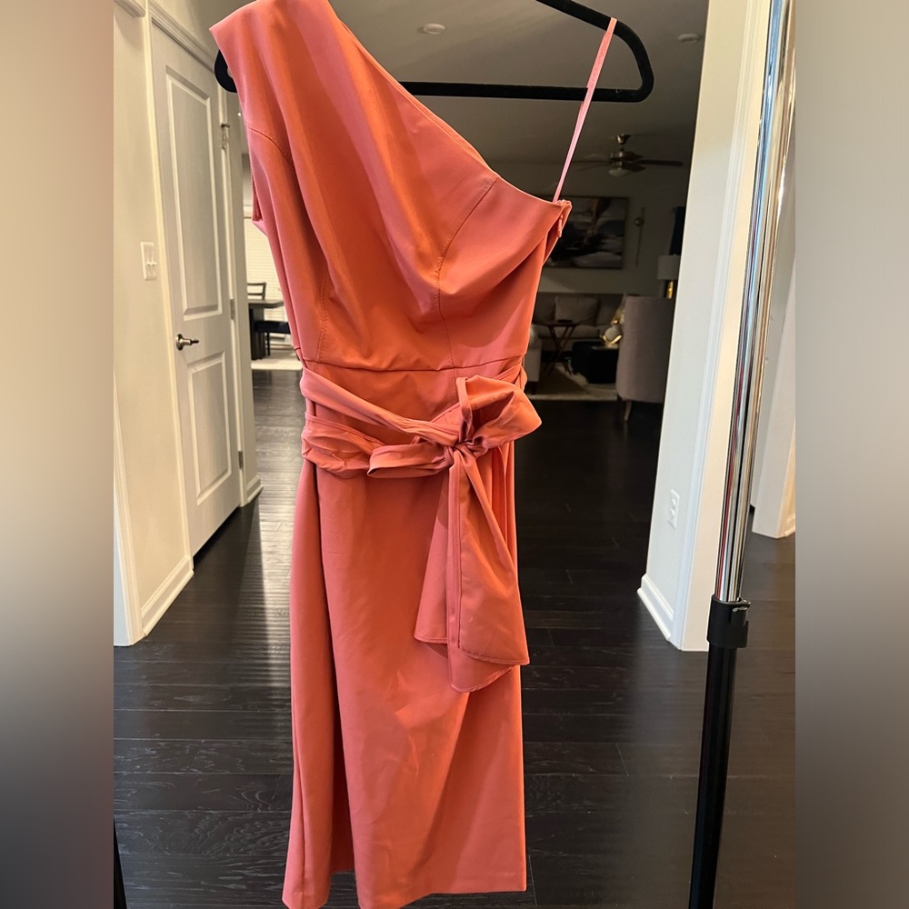 Eva Mendes Belted One Shoulder Midi Dress